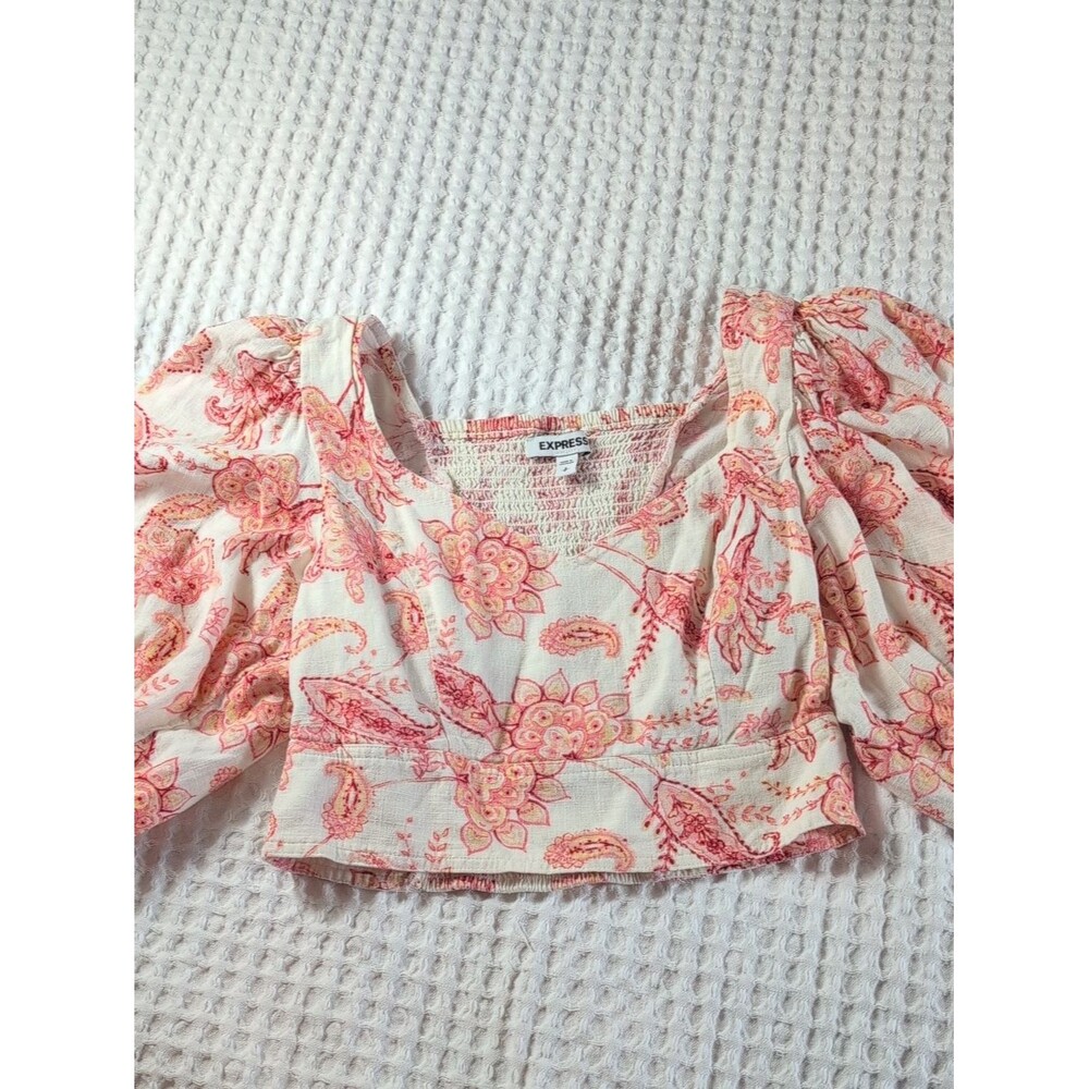 Express Cream Pink Floral Puff-Sleeve Cropped Top Size S